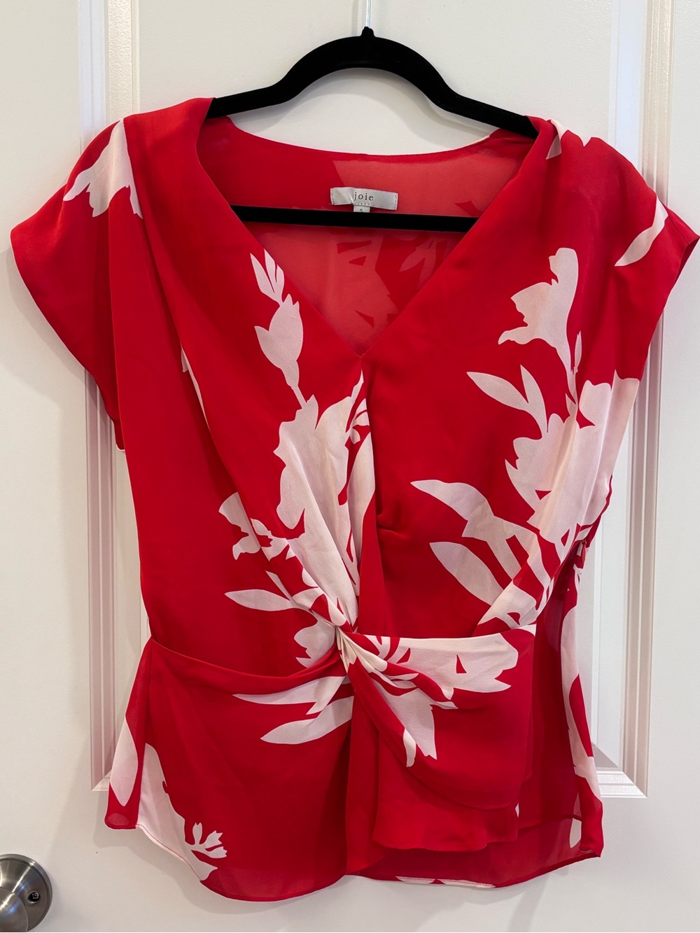 Joie Red and White Floral Twist-Front Blouse